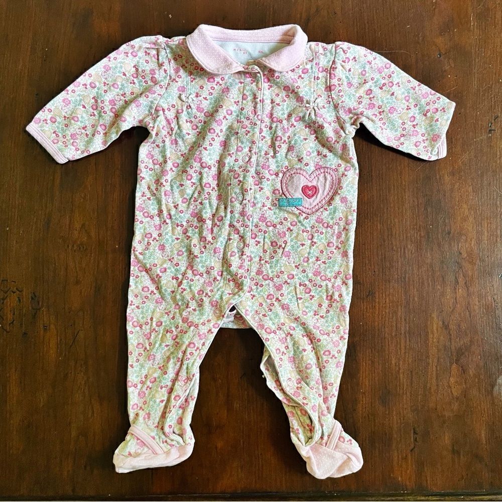 Mon Caramel Baby Girl Floral Cotton Footed Pajamas/ Collared Outfit Size 6 M